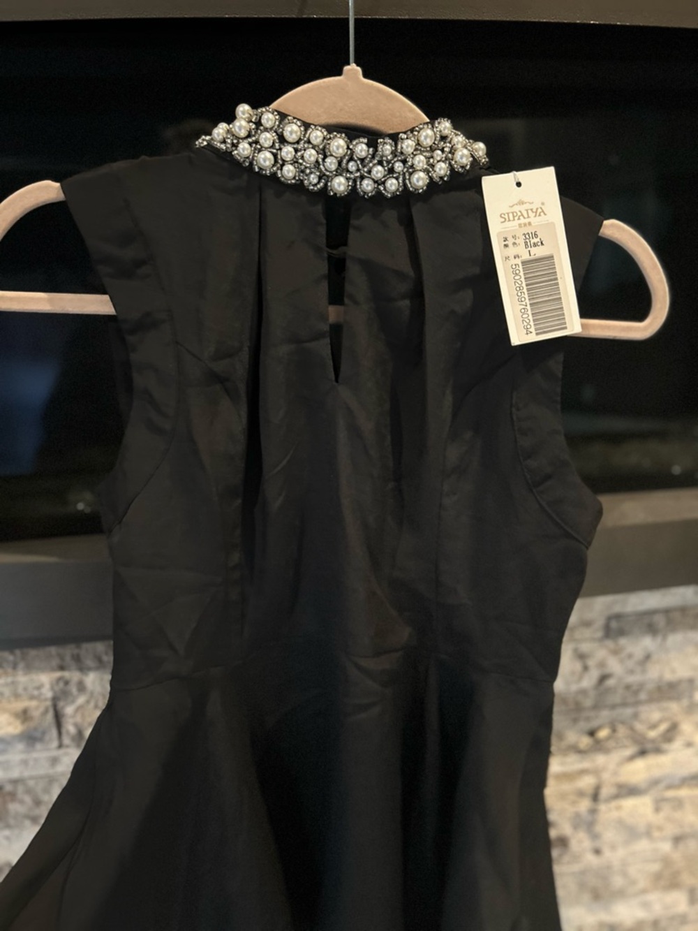 Sipaya Black Embellished Pearl Collar Tank Top